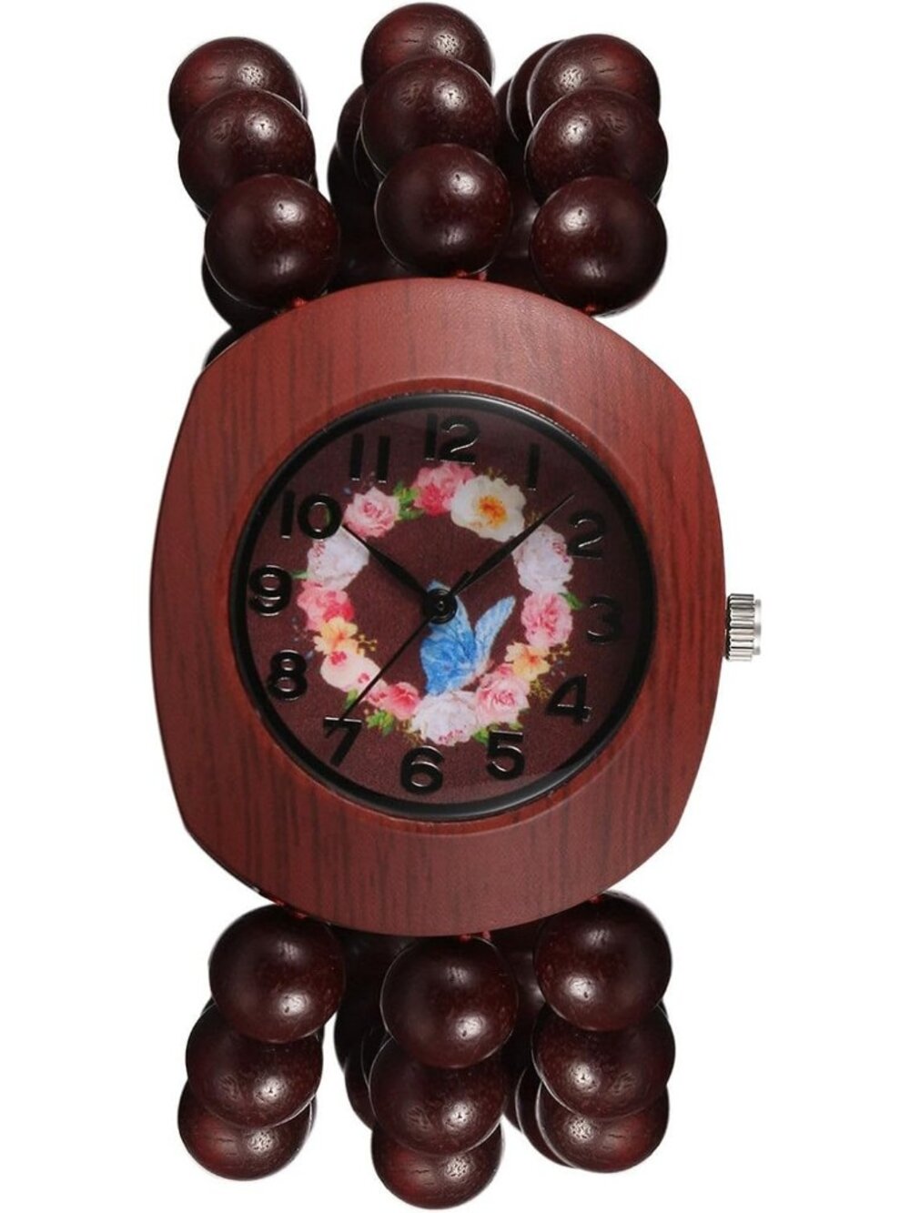 Women's Red Boho Wood Bead Wreath Dial Floral Quartz Elastic Band Casual Watch